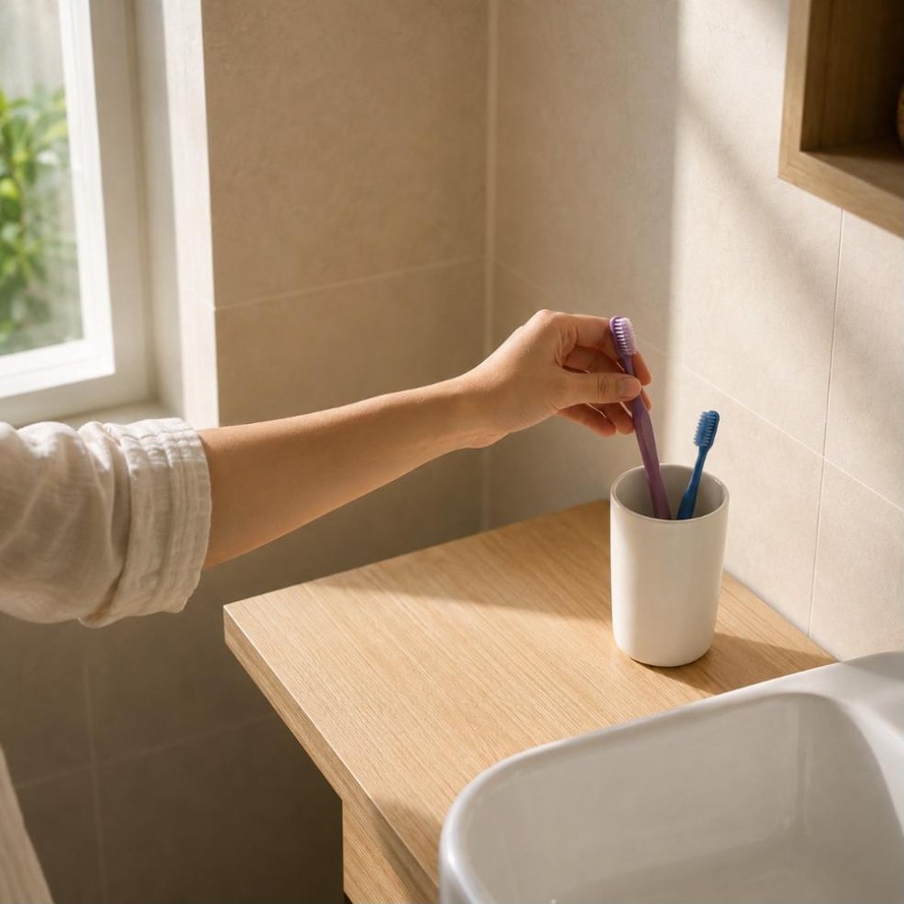 Một bàn tay đang đặt bàn chải VietSun Smart vào cốc trên mặt đá