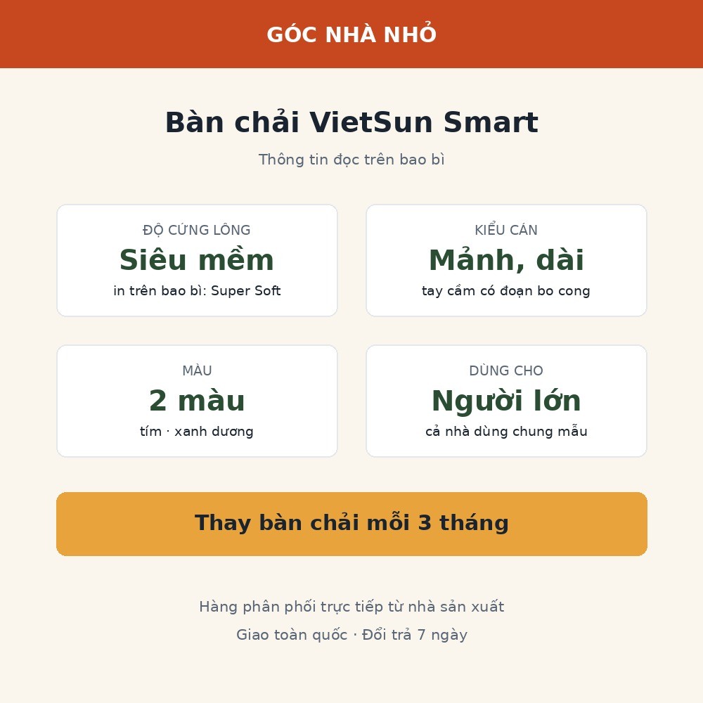 Bảng thông số bàn chải VietSun Smart: lông siêu mềm, cán mảnh dài, hai màu tím và xanh dương