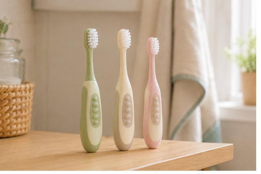 Ba chiếc bàn chải trẻ em đứng cạnh nhau trên kệ nhà tắm, đầu bàn chải nhỏ dần