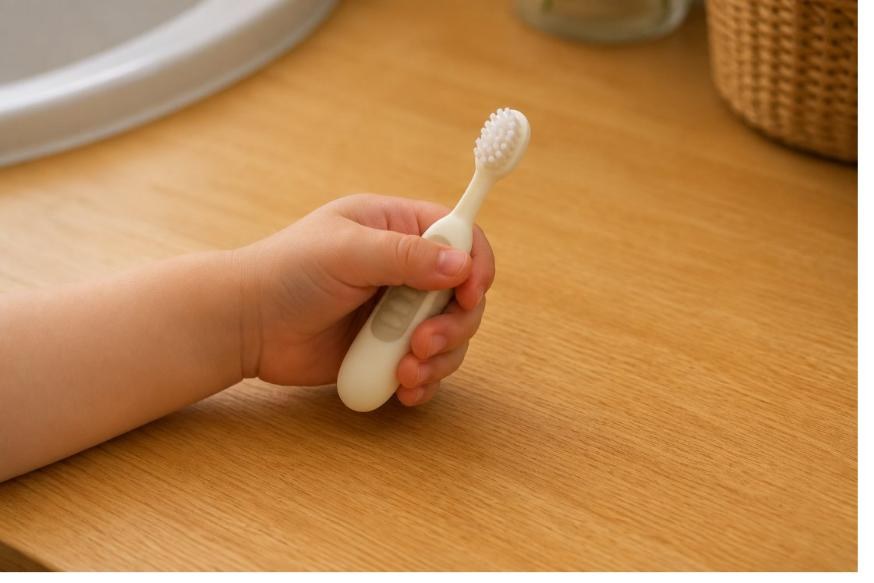 Bàn tay một em bé nắm trọn cán một chiếc bàn chải trẻ em có cán to và ngắn